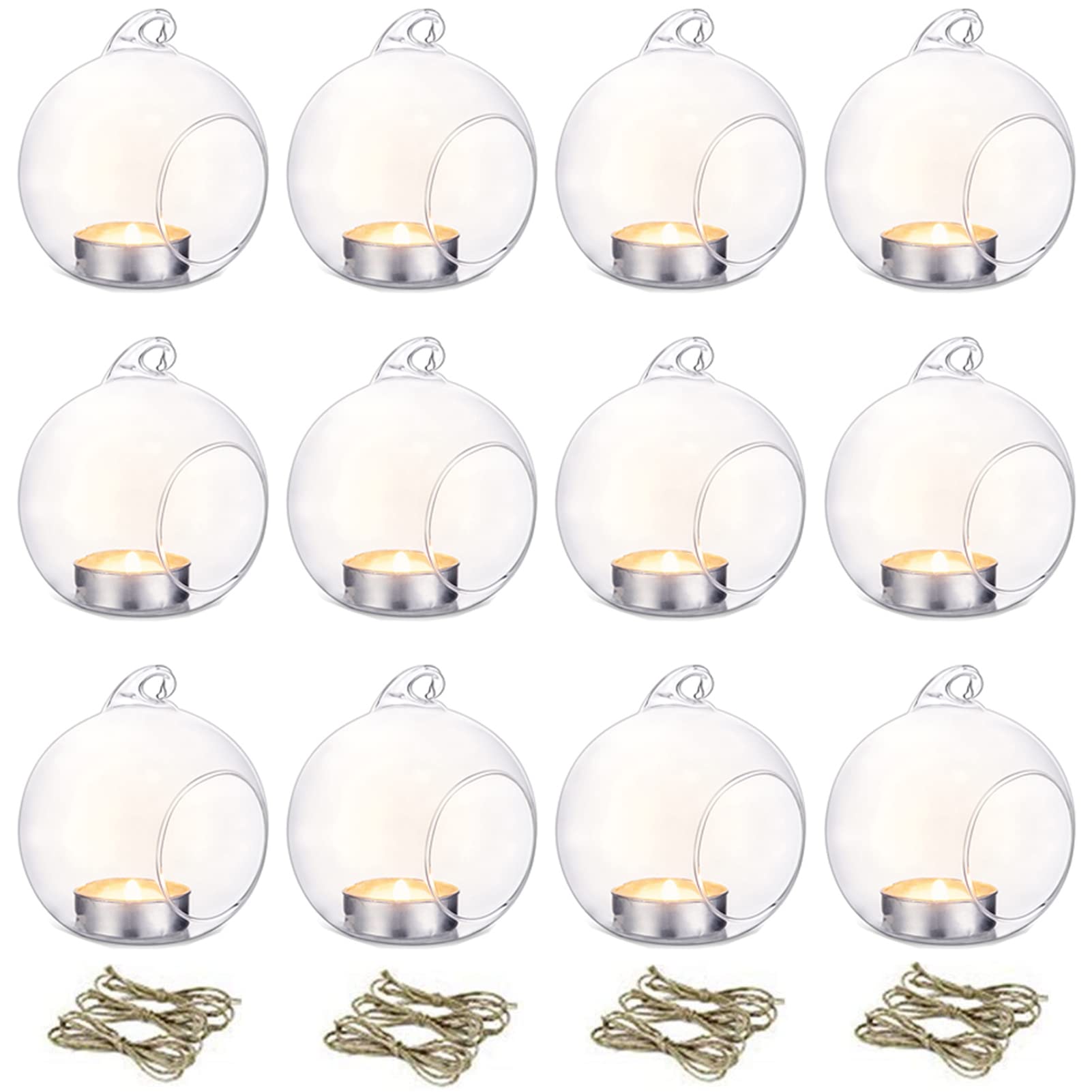 Nuptio 12 Pcs 8cm Dia Hanging Glass Tealight Holder Globe Plant Terrariums Air Plants Tea Light Candle Holders Succulents Moss Miniature Garden Planters Home Christmas Decor Indoor Garden DIY Gifts