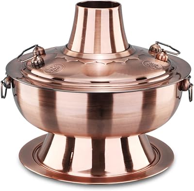 Vintage Copper Charcoal Hot Pot Shabu Shabu Chimney Stainless Steel Cooker 36cm