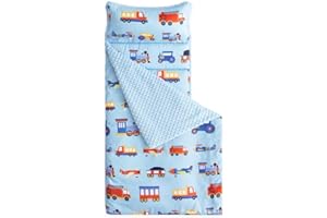 Wake In Cloud - Toddler Nap Mat with Pillow and Minky Fleece Blanket, for Kids Boys Girls in Daycare Preschool Kindergarten, Roll Up Sleeping Bag, Car Airplane Blue, Standard Size