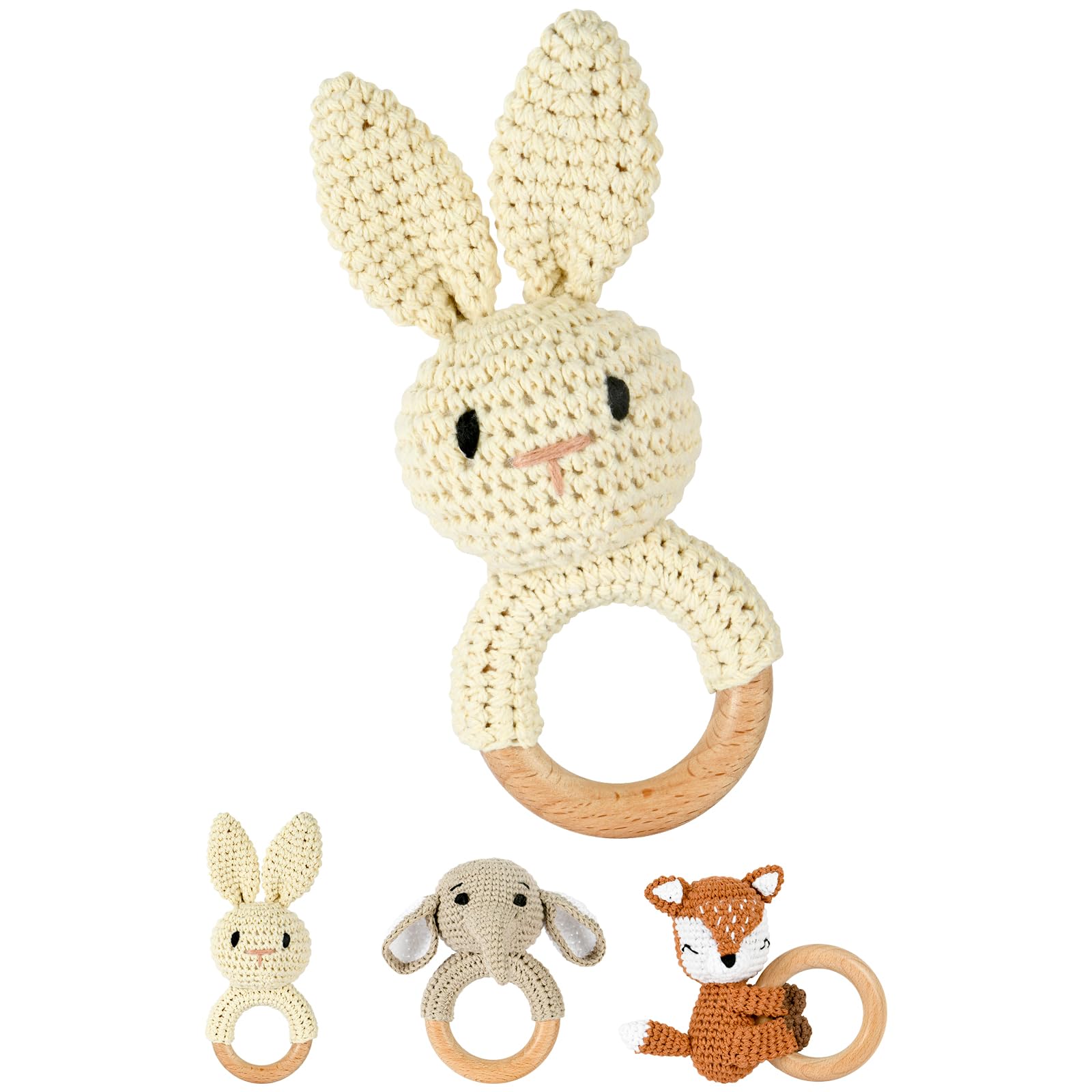 OFFCUP Baby Rattle, Wooden Crochet Animals Baby Soft Rattle Sensory Toys, Handmade Toddle Rattle Grasping Toy for Toddler 0 3 6 9 12 Month Infant Boys Girls Gift (Rabbit)