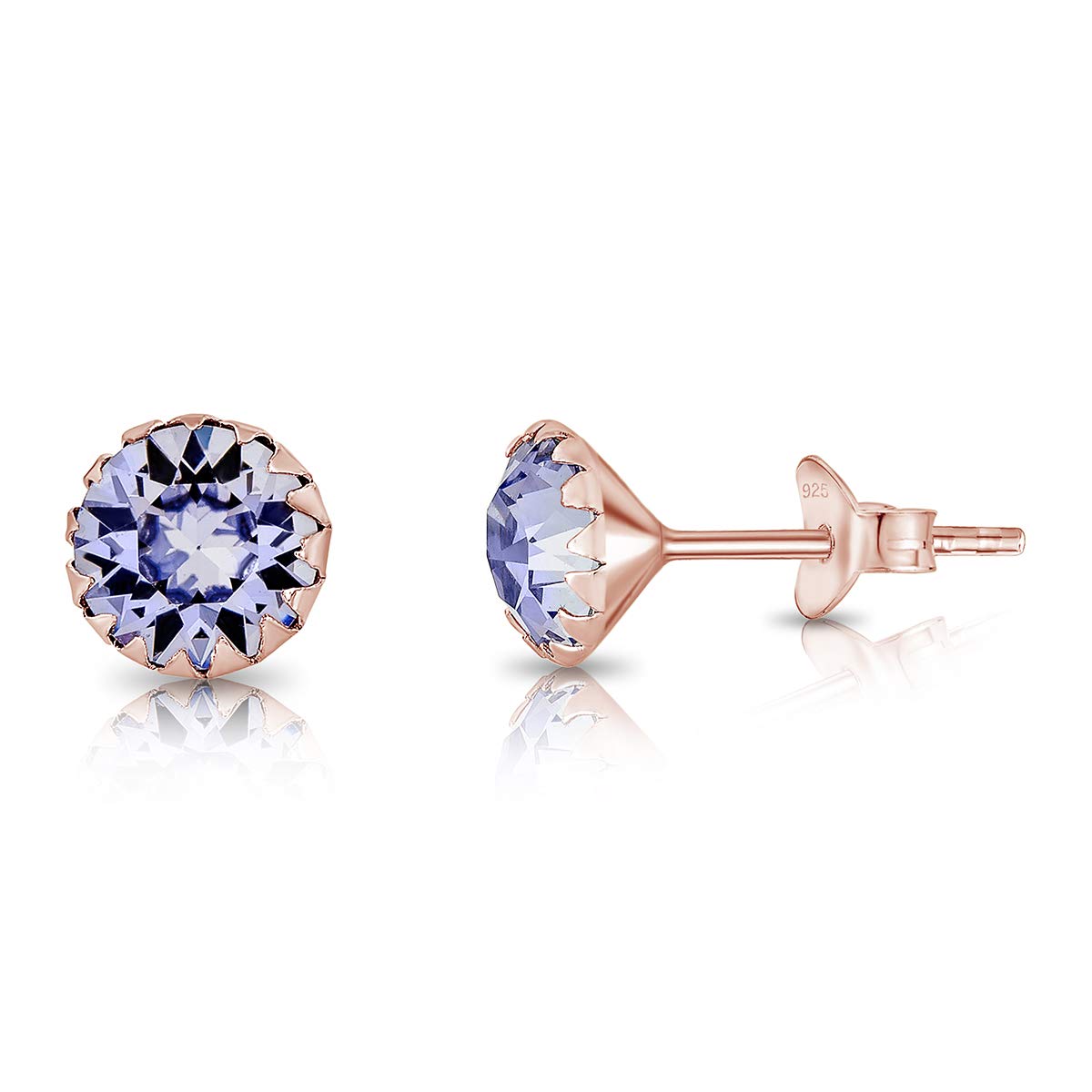 DTPSilver - 925 Sterling Silver Rose Gold Plated Round Stud Earrings made with Glittering Crystals from Swarovski® Elements - Diameter: 6 mm - Colour : Provence Lavender