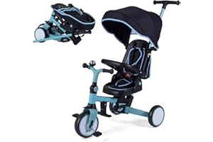 BABY JOY Kids Tricycle, 8-in-1 Folding Toddler Trike w/Push Handle, Removable & Adjustable Canopy, 5-Point Safety Harness, Ro