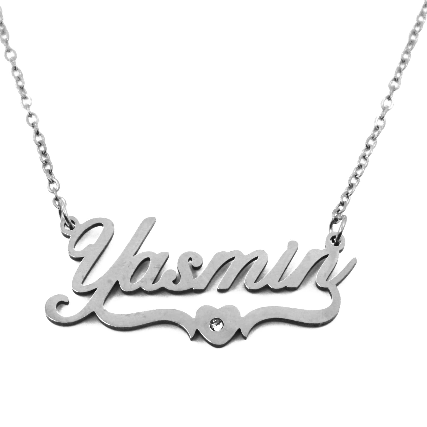Kigu Yasmin Personalised Heart Shaped Name Necklace Silver Tone, Custom Dainty Name Pendants, Jewellery for Ladies, Girlfriend, Mother, Sister, Friends