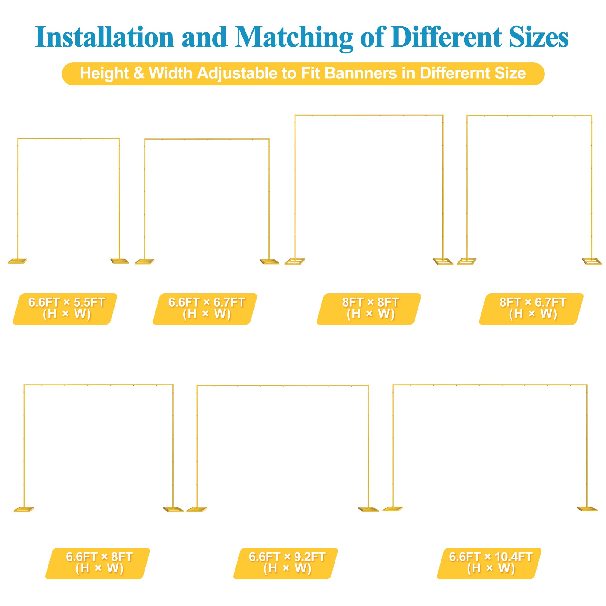 Fomcet 8FT x 8FT Backdrop Stand Heavy Duty with Base, Gold Portable Adjustable Pipe and Drape Backdrop Stand Kit, Square Metal Arch Party Frame for Wedding Birthday Parties Banquet Decorations