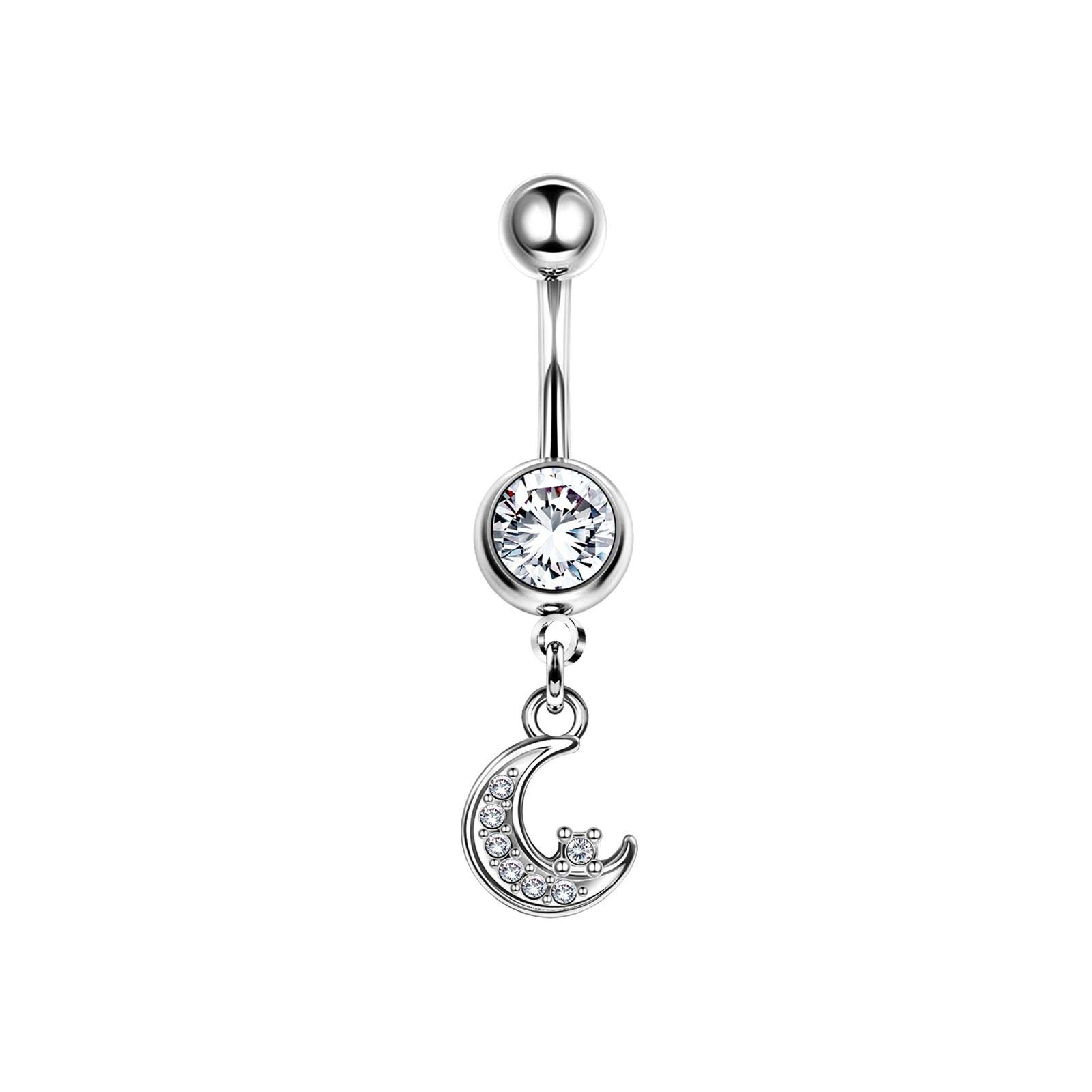 BanaVega Stainless Steel Navel Danging Belly Button Moon 16g 3/8 10mm 8mm Clear Crystal Ball Earrings Piercing Jewellery 5136