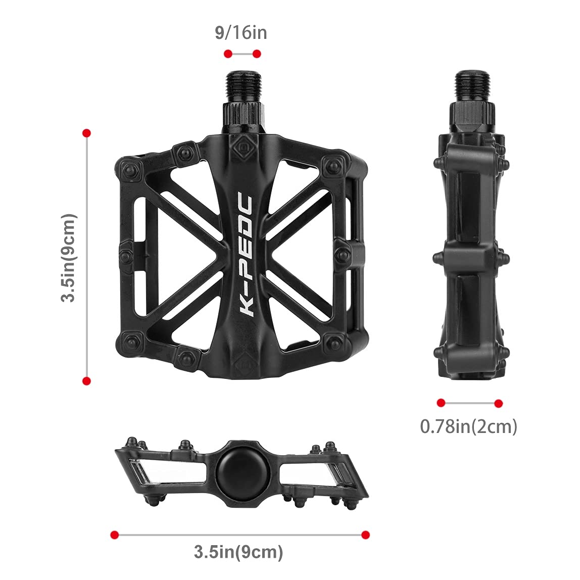 Bike Pedals 9/16 for MTB, Mountain Road Bicycle Flat Pedal, with 16 Anti-Skid Pins -Universal Lightweight Aluminum Alloy Platform Pedal for Travel Cycle-Cross Bikes etc