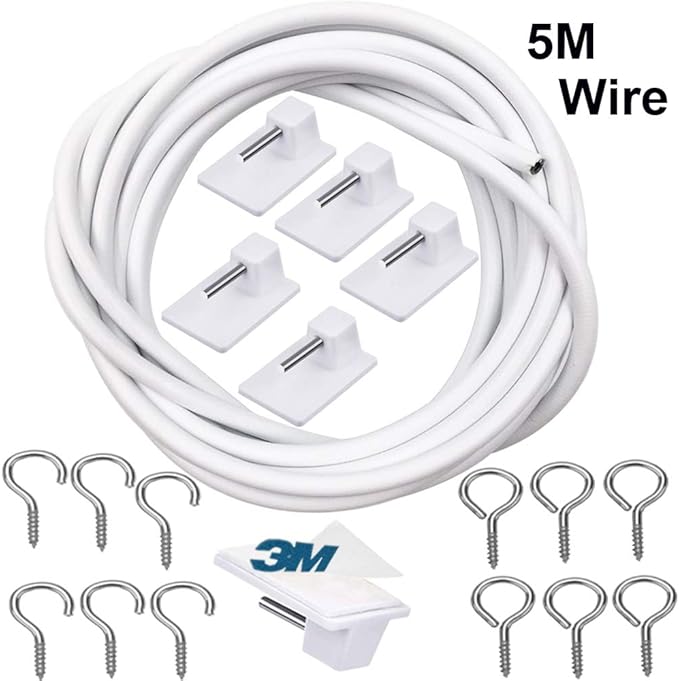 Edien 5meter White Curtain Wire Hanging Cord Kit With 6 Pack Self