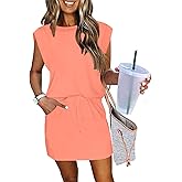 ETCYY NEW Womens Cap Sleeve Summer Dress Crew Neck Tie Front A-Line Dresses Double Layer Hem Mini Dress
