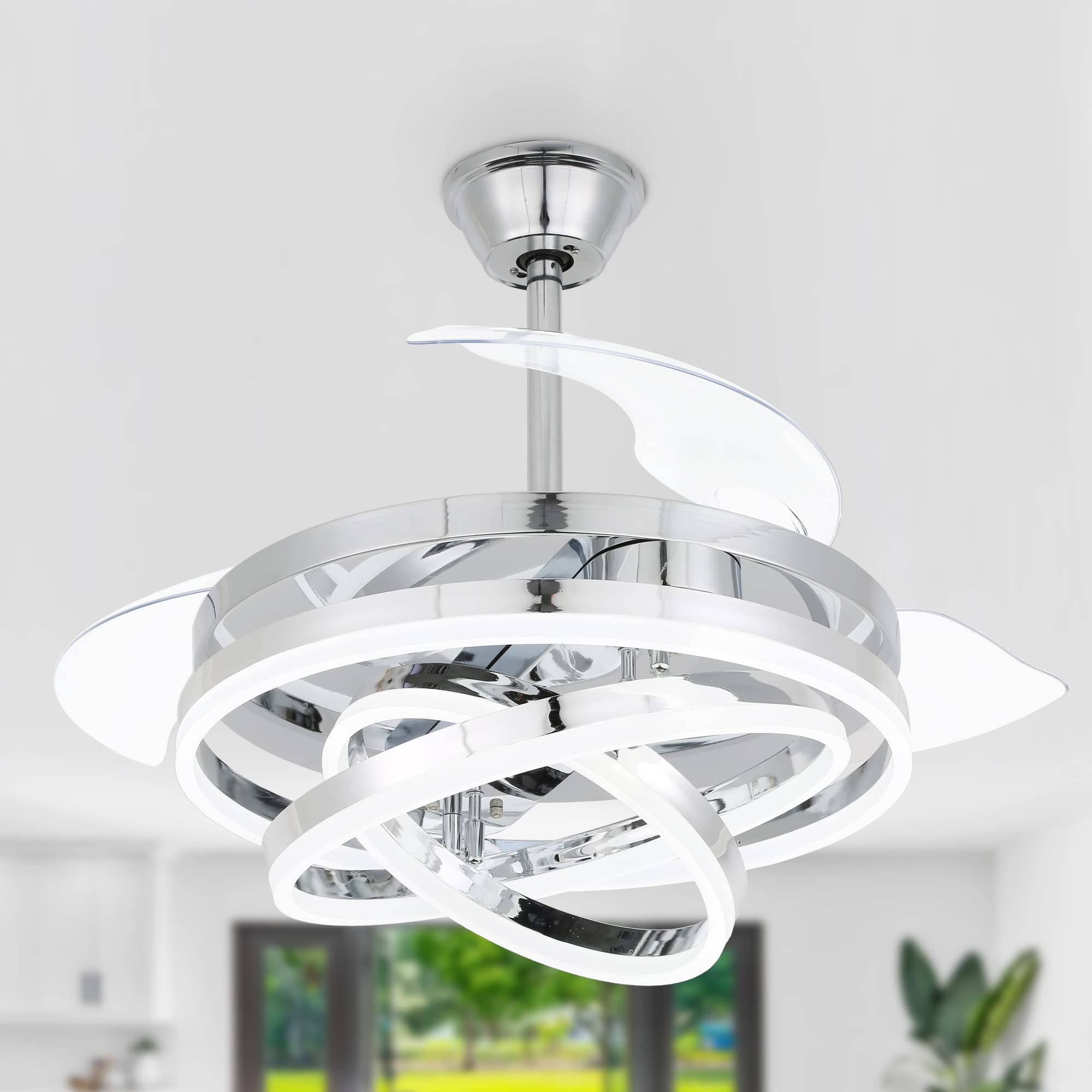 Photo 1 of ****PARTS ONLY*** VERY USED; MISSING HARDWARE Dawn Whisper 42 Inch Retractable Ceiling Fan, Modern Ceiling Fans with Lights and Remote, Silent DC Motor Color Changing, Chrome Retractable Chandelier Ceiling Fan with Lights for Bedroom