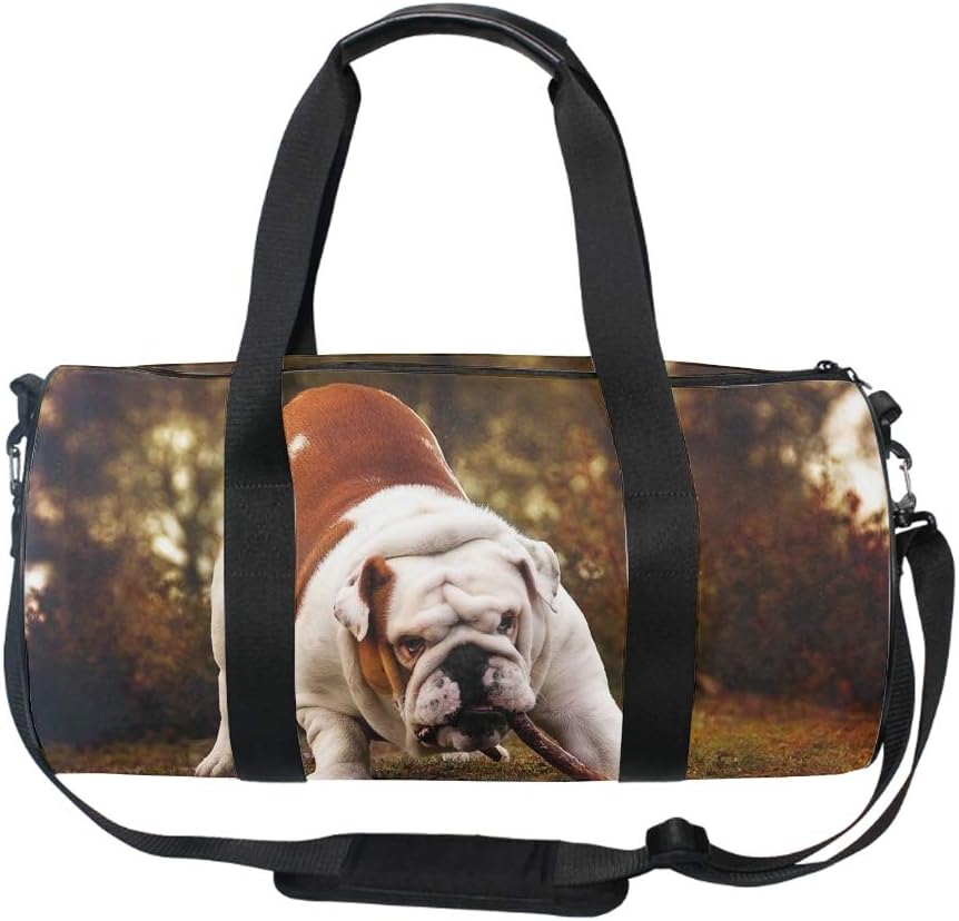 Round Bulldog Playing With Stick Gym Duffle Bag Drum tote Fitness Shoulder Handbag Messenger Bags