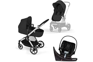 Cybex EOS 5-in-1 Travel System Stroller + Lightweight Aton G Swivel Infant Car Seat, Moon Black, Silver Frame