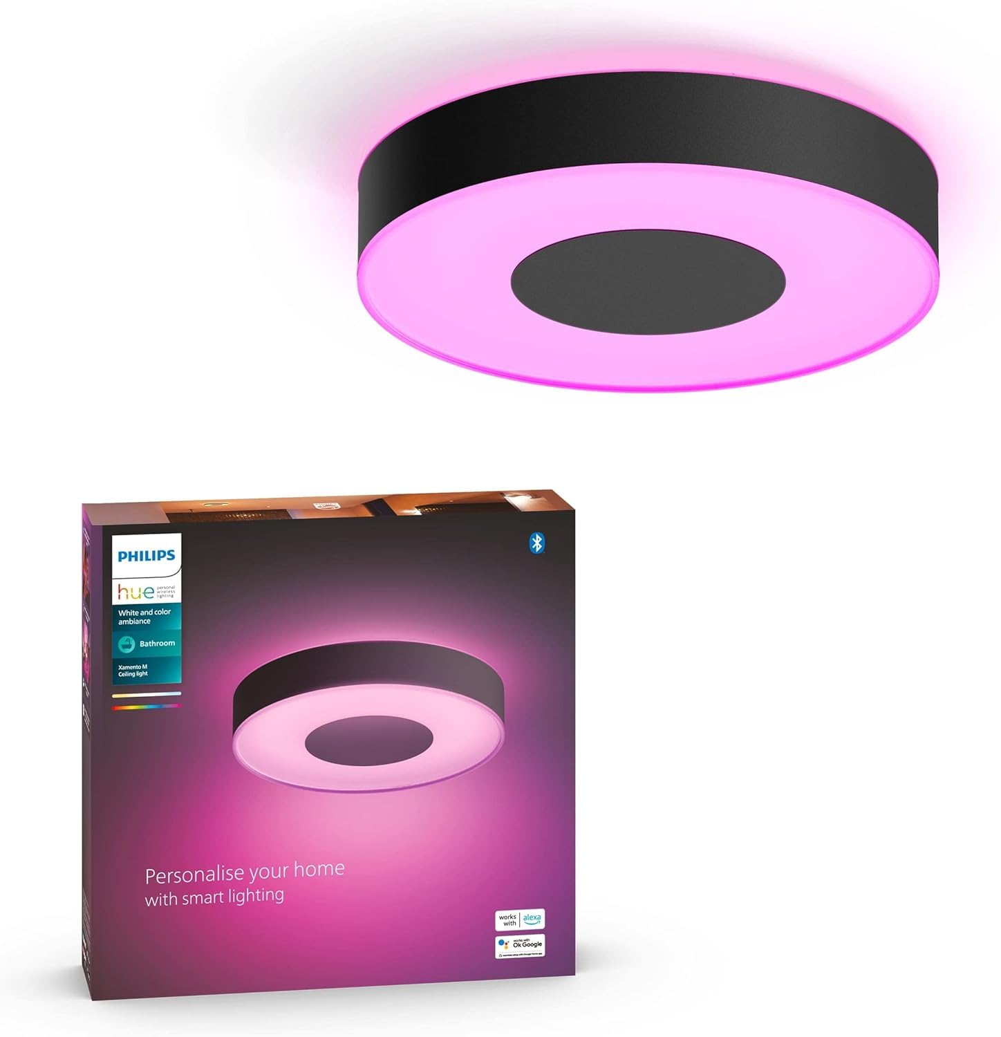 Philips Hue White & Col. Amb. Xamento Deckenleuchte, schwarz, 16 Mio. Farben, dimmbar, steuerbar via App, kompatibel mit Amazon Alexa (Echo, Echo Dot)