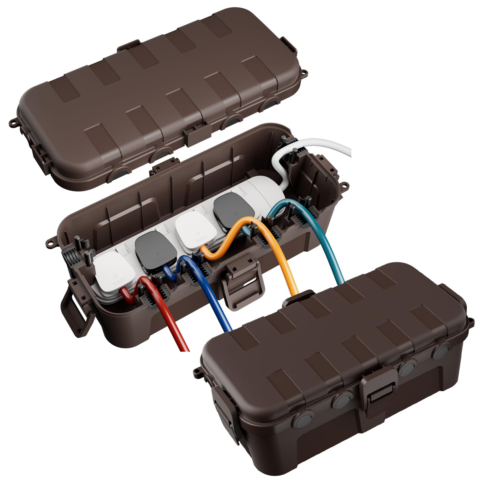 [2 PACK] RESTMO Outdoor Waterproof Box (29 × 13.2 × 10cm), IP54 Weatherproof Electrical Box for Multi Plug Extension Lead, Protect Outlet, Plug, Christmas String Lights from Water, Snow, Dust, Brown