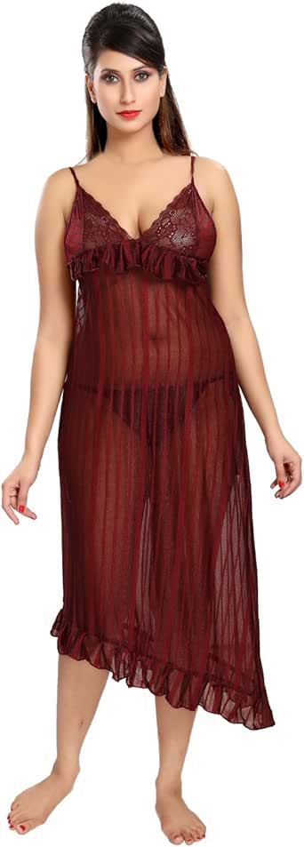 Be You Fashion Women Power Net Maroon Frill-style Baby-Doll Nighty at Amazon Womenâs Clothing store