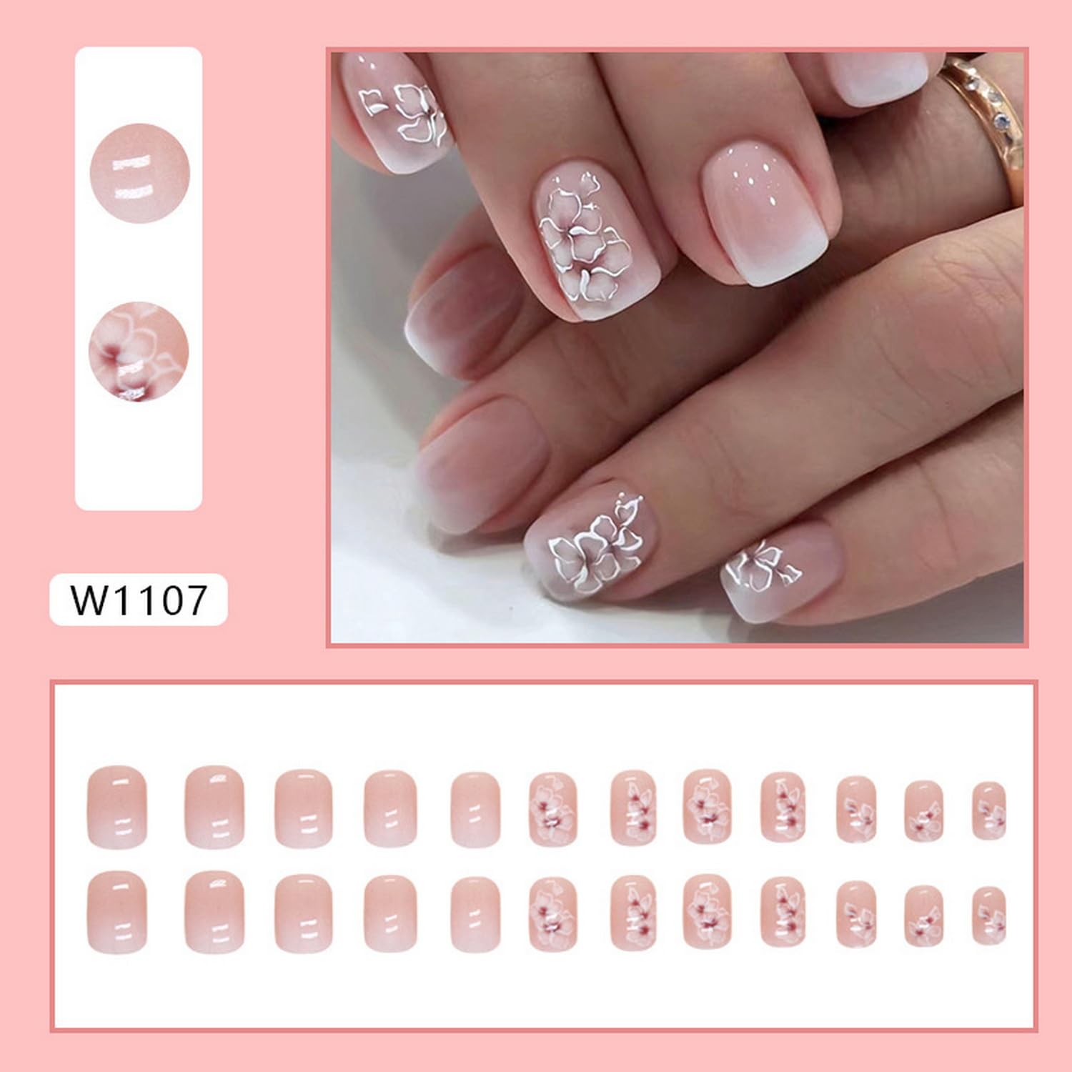 24pcs Press on Nails Short Square Fake Nails Petite White Pink Gradient False Nails Acrylic Nails with French Colorful Floral Designs Artificial Nails Glossy Stick on Nails for Women and Girls Summer - Image 2