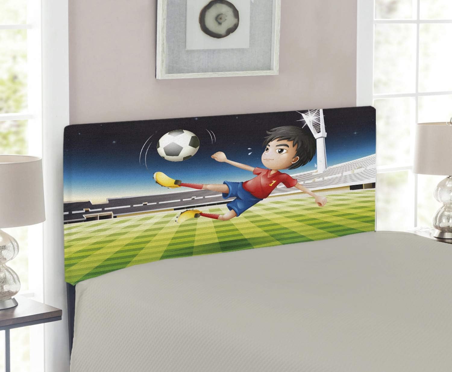 Lunarable Sports Headboard, Young Boy Playing Football in the Stadium Athlete