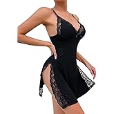 Foxiny Sexy Split Side Floral Lace Trim Full Slip Night Gown Babydoll Lingerie Dress with Thong 2 piece