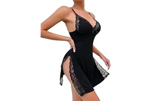 Foxiny Sexy Split Side Floral Lace Trim Full Slip Night Gown Babydoll Lingerie Dress with Thong 2 piece