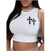 BEAUDRM Women's Graphic Pattern Round Neck Vest Slim Fit Pullover Sleeveless Casual Crop Tank Top