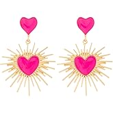 Sunburst Heart Drop Earrings for Women Pink Heart Drop Earrings Enamel Hearts Dangle Earrings with Gold Tone Rays Trendy Jewelry Gift