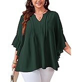 SCOMCHIC Women's Plus Size Blouse Dressy Casual Tops, XL-5XL | 3/4 Sleeve, V Neck, Chiffon, Flowy Pleated Loose Fit, Business Work Office Tunic Tops