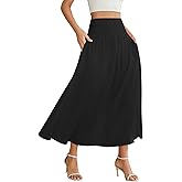 Women's Elastic High Waisted Midi Skirts with Pockets Trendy A-Line Flowy Swing Basic Skirt