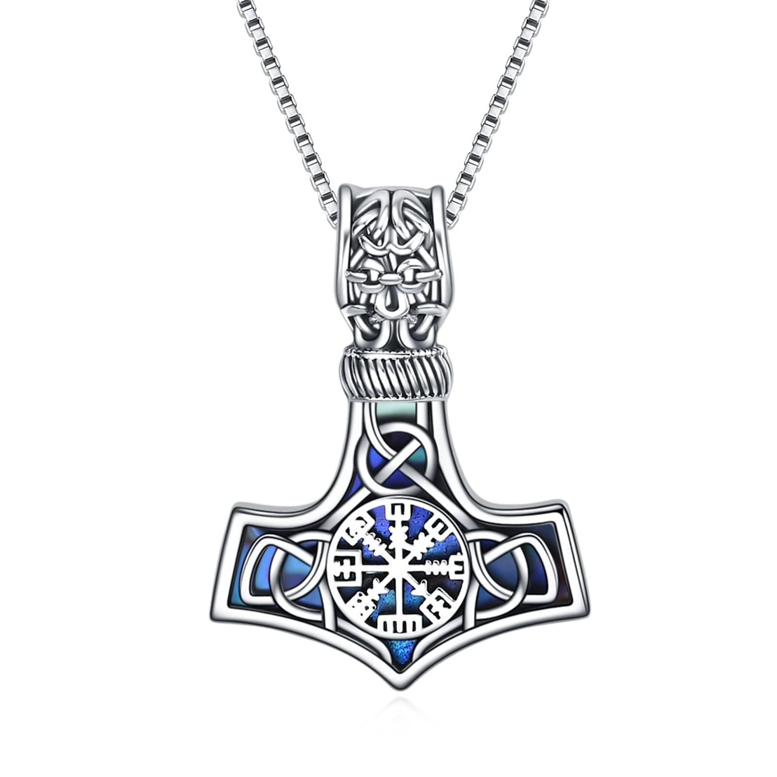 URONE Viking Thor's Hammer Pendant Necklace Sterling Silver Celtic Knot with Abalone Shell Mjolnir Nordic Birthday Viking Jewellery Gift for Men