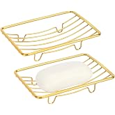 Snailhouse Soap Dishes, 2 Pack Self Draining Rustproof Stainless Steel Shower Bar Soap Dish Holder Tray Caddy Rack for Bathroom &amp; Kitchen, Gold