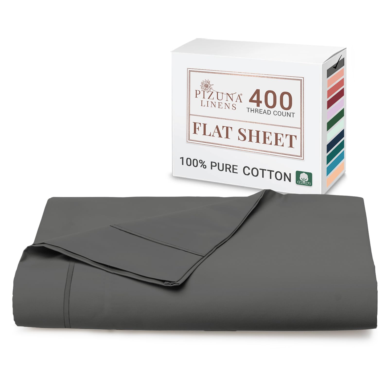 Pizuna 100% Cotton Flat Sheets Double Dark Grey, 400 Thread Count Long Staple Cotton Bed Sheets Double 230x280 cm, Soft Sateen Weave Top Sheet Double