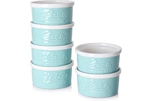 DOWAN 4 oz Ramekins - Ramekins for Creme Brulee Souffle, Porcelain Ramekins Oven Safe, Mason Style Embossed Ramekins Bowls Ramekins for Baking, Set of 6, Blue