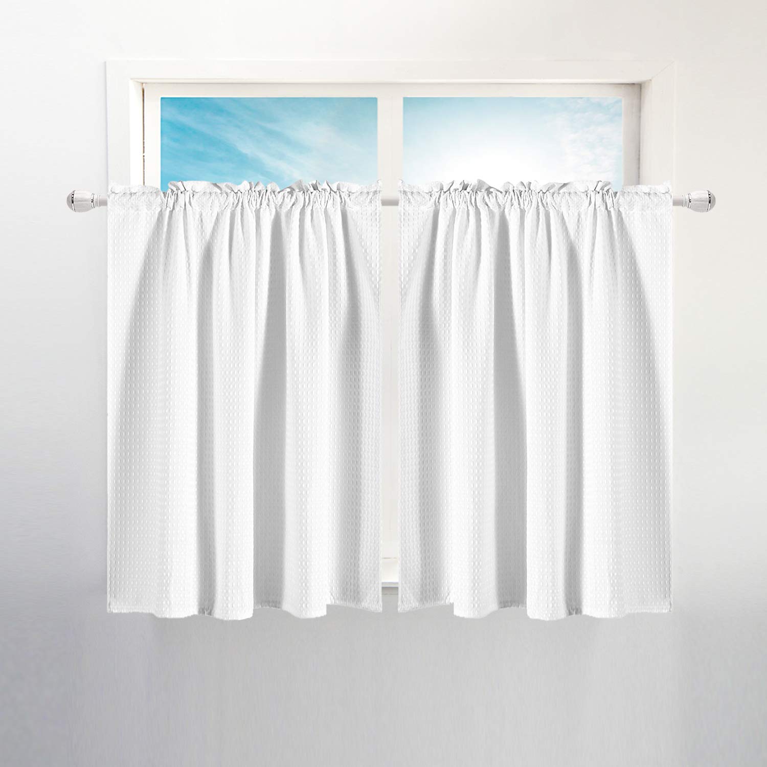Barossa Design Waffle Weave Tier Curtains: 45 Inch Short Length for Small Window in Kitchen & Bathroom, Waterproof and Washable - White, 36"x45" for Each Panel, Set of 2