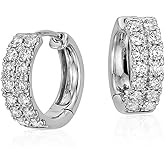 Two Row Iced Shiny 5A Cz Trendy Classic White Gold Plated 925 Sterling Silver Unisex Ice Out 12mm Hoops Hypoallergenic Huggie Hoop Earrings For Men Women Jewelry