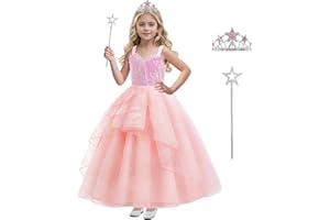 Btonai Kids Pink Witch Costume for Girls Pink Bubble Tulle Dress Princess Sequins Mesh Outfits with Crown and Wand