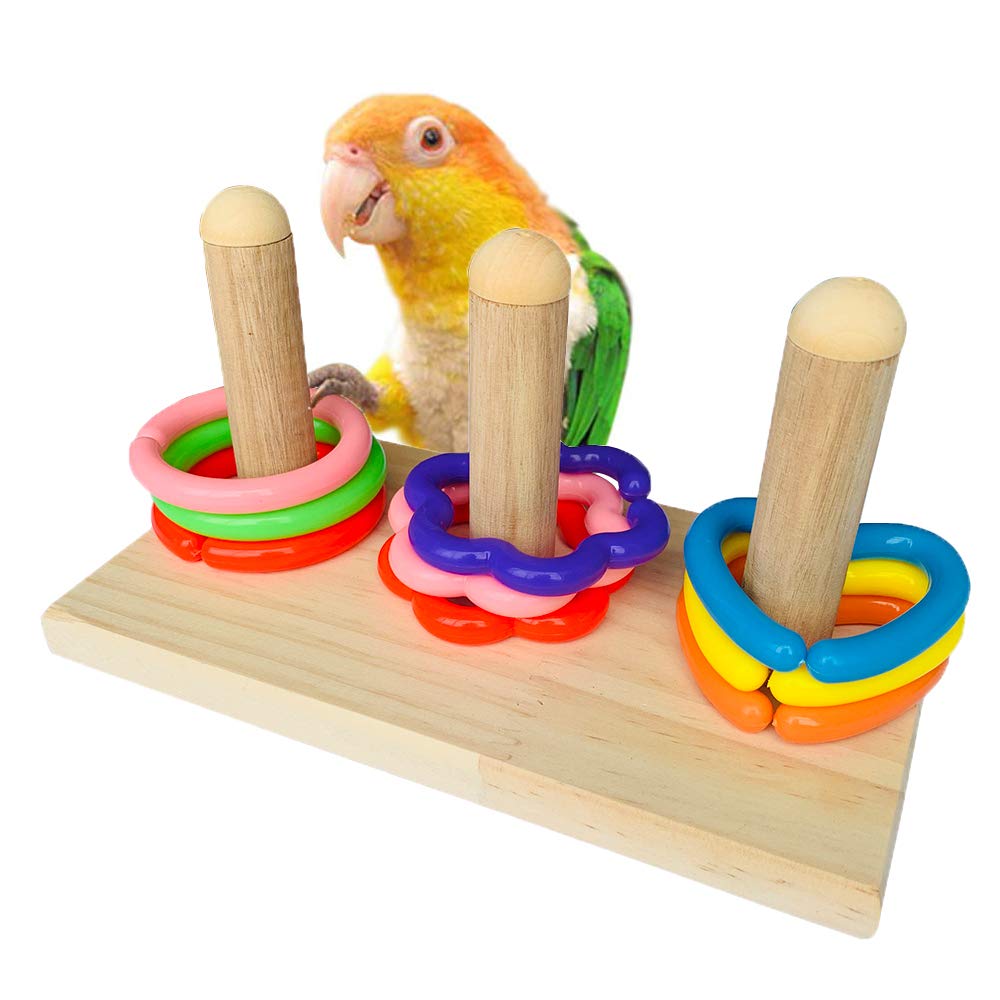 PINVNBY Bird Educational Toy Wooden Parrot Trick Tabletop Toys Parakeet  Intelligence Training Toy Stacking Colorful Rings for Conure Cockatiel