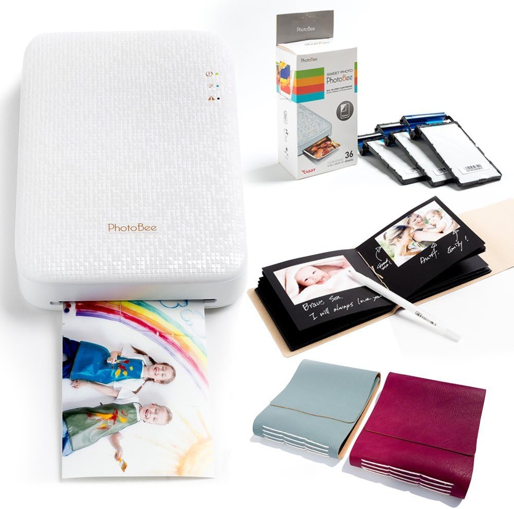 PHOTOBEE Portable Sticker Photo Printer PhotoBook Package - WHITE (Printer with 48 sheets of sticky backed photo paper, 1 burgundy color photobook, 1 mint color photobook, 1 white pen)