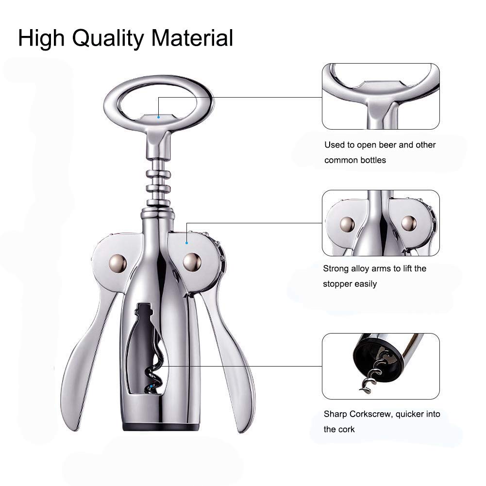 Wing Corkscrew Wine Opener, 2in1 Multifunctional Red Wine and Beer Remover, Stainless Steel & Zinc Alloy Material, Bar/Kitchen/Restaurant Tools, Silver
