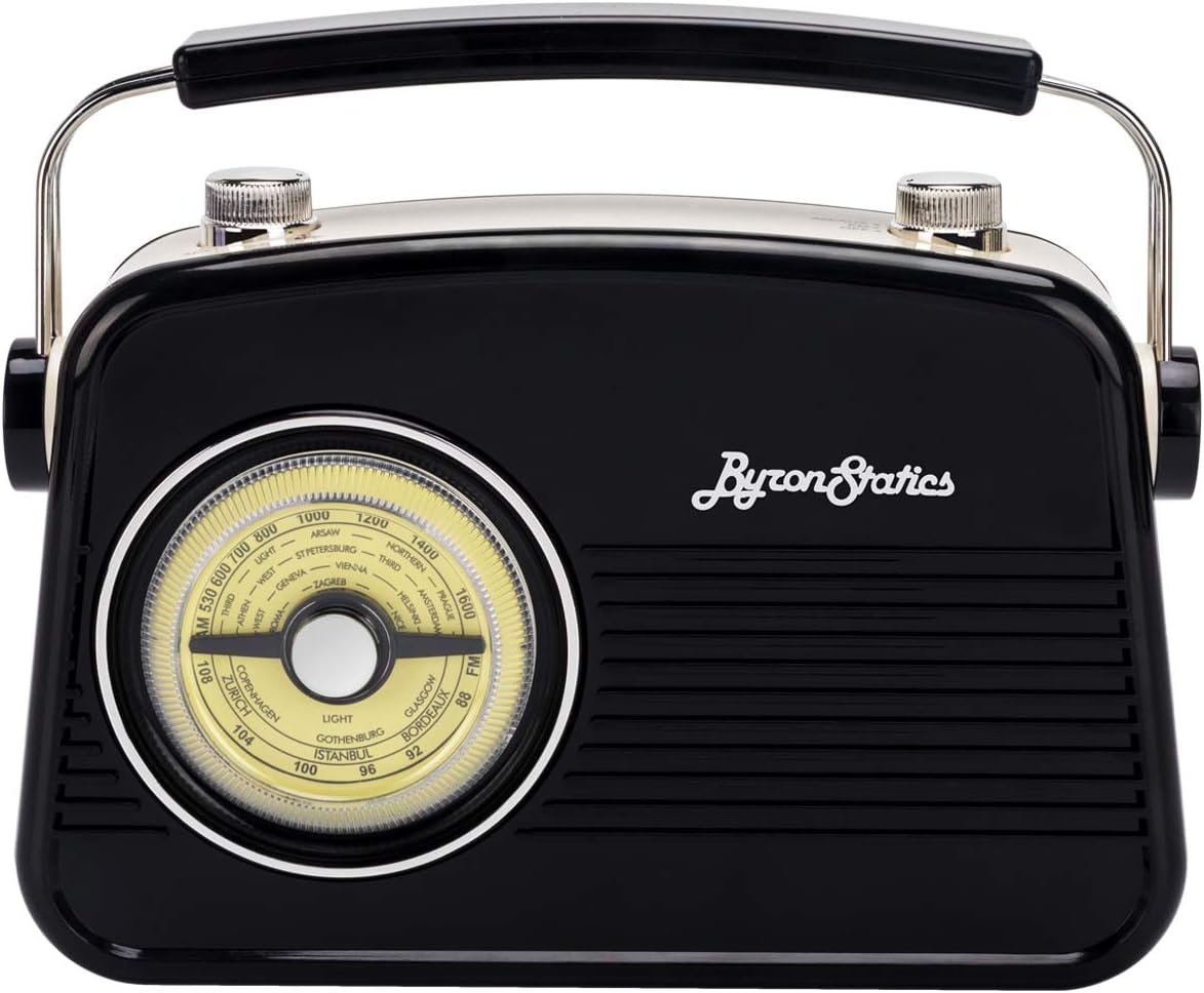 Byron Statics Radios Portable Am FM Analog Large Rotary Dial Swivel Good Sensitivity and Audio External Metal Antenna Knob Switch Removable Power Plug or 1.5V AA Battery with Headphones Plug Black: Electronics
