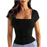 SHENHE Women's Square Neck Short Sleeve Top Basic Plain Slim Fit Going Out Crop T Shirt