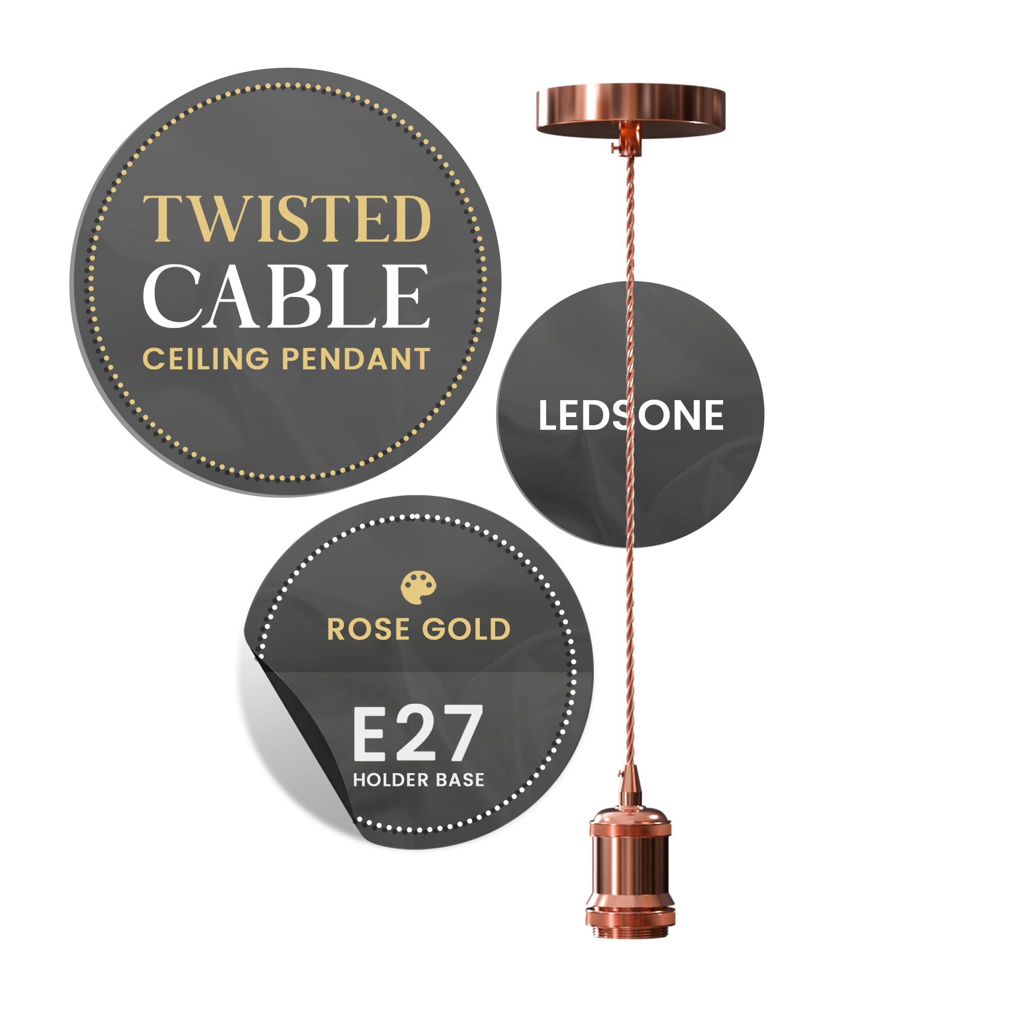 LEDSone Vintage Rose Gold E27 Pendant Light Fitting – Twisted Braided Cable Ceiling Lamp Holder Kit for Indoor Hanging Lighting in Kitchen, Dining Room, Bar, Cafe, Loft