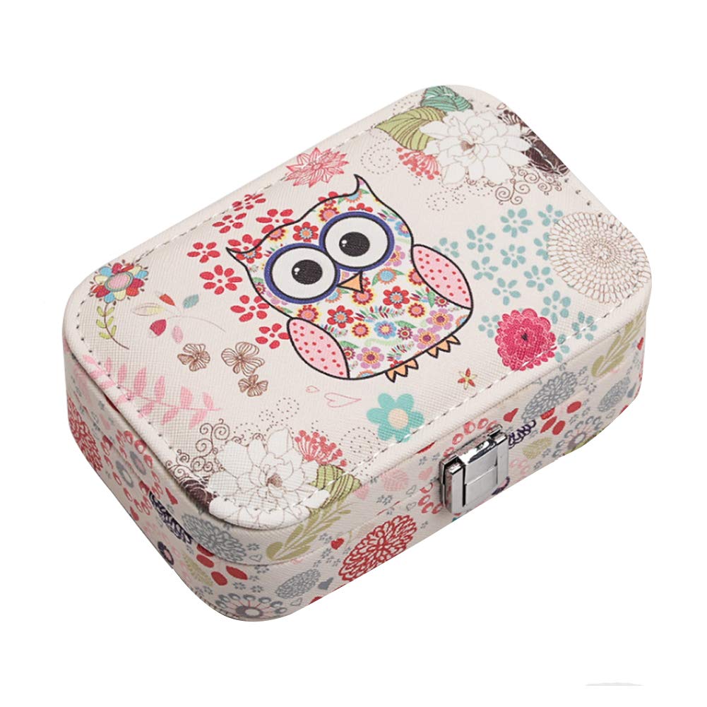 LKMY Jewellery Boxes Small PU Leather Travel Jewelry Box,Built-in Mirror,Makeup and Accessories Lockable Storage Organizer Case for Women Girls’Rings,Earrings,Necklace (Owl A)