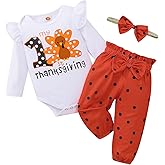 ODIMAME My First Thanksgiving Baby Girl Outfits 1st Thankgiving Gifts Turkey Romper Cute Polka Dot Bell Bottom Pants Headband