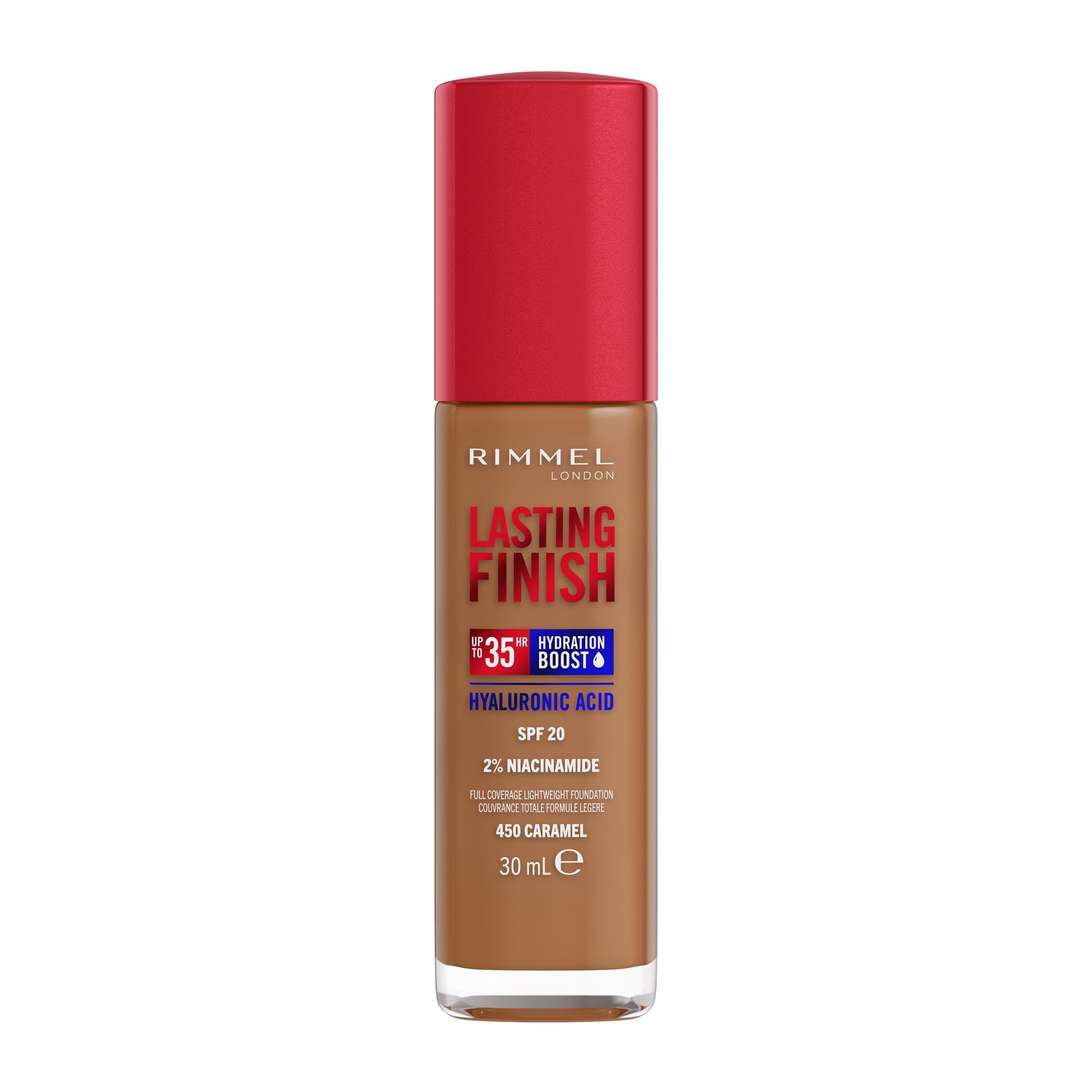 Rimmel Lasting Finish 35Hr Foundation 450 Caramel, Full Coverage, Hydrating, SPF20, Hyaluronic Acid, Vitamin E, 2% Niacinamide, All Day Wear, Vegan, Cruelty Free