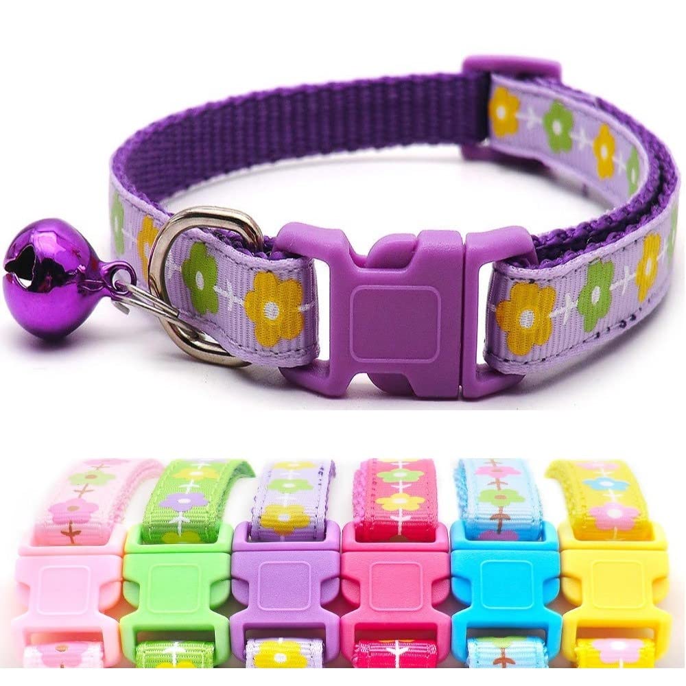 Small Dog Puppy Pet Collar Flower Floral Design with Bell Nylon Adjustable Size 19-32cm Purple