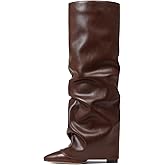 Synchoiss Womens Knee High Boots Wide Calf Chunky High Heel Boots Fashion Fold Over Boot Pointed Toe Winter Fall Tall Boots for Women Pull on Trendy
