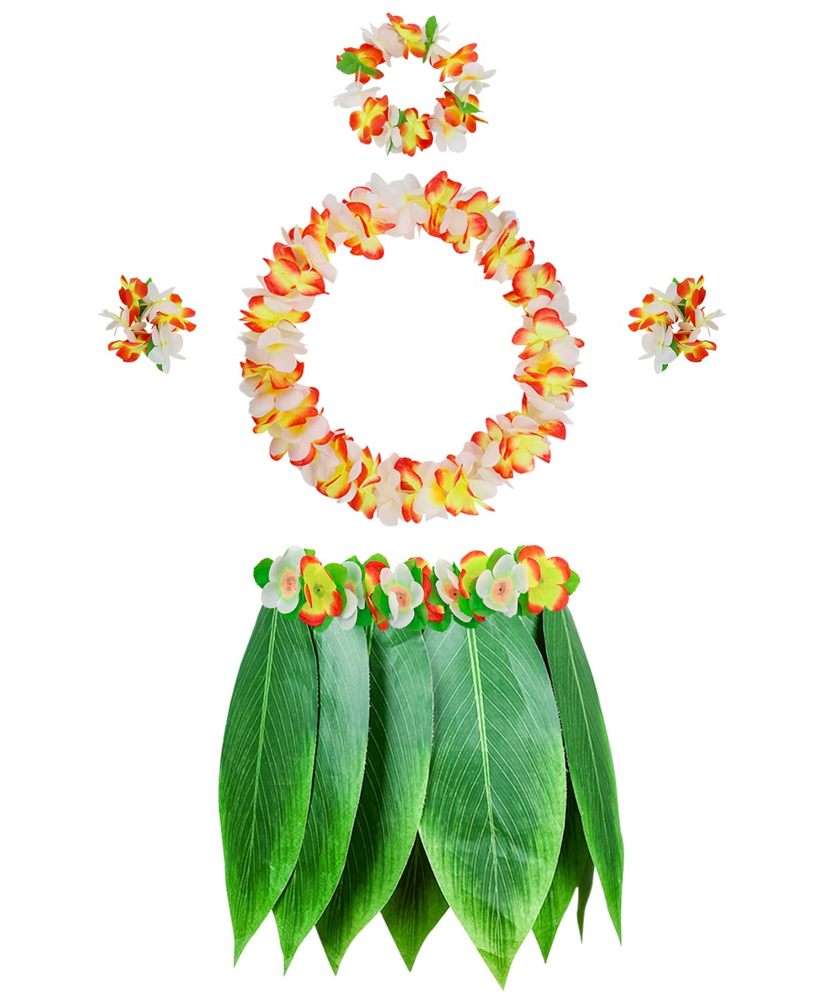 PIXHOTUL Leaf Hula Skirt with Hawaii Leis Grass Skirt and Artificial Hibiscus Flowers Costume for Beach Hawaiian Luau Tiki Party (Color 13)