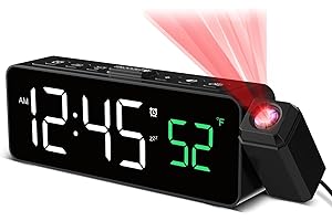 Netzu Projection Alarm Clock for Bedroom Ceiling, Small Compact Plug-in Digital Clocks with 180° Rotatable Projector, Temperature 4 Levels Birghtness, 3 Volumes and Snooze (Black)