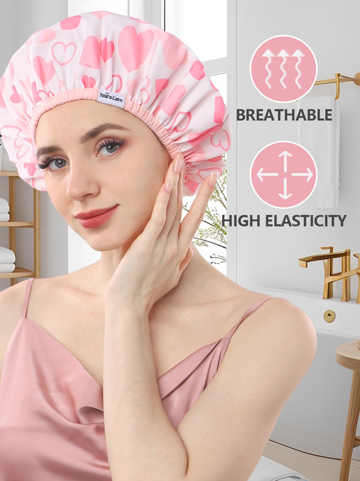Years Calm Shower Caps For Women Reusable Waterproof，Pattern And Solid Color Dual-Layer Design For Dual-Layer Usable，Protects Hair In Shower, Spa, Cooking, Clean & Travel (Pink, One Size)