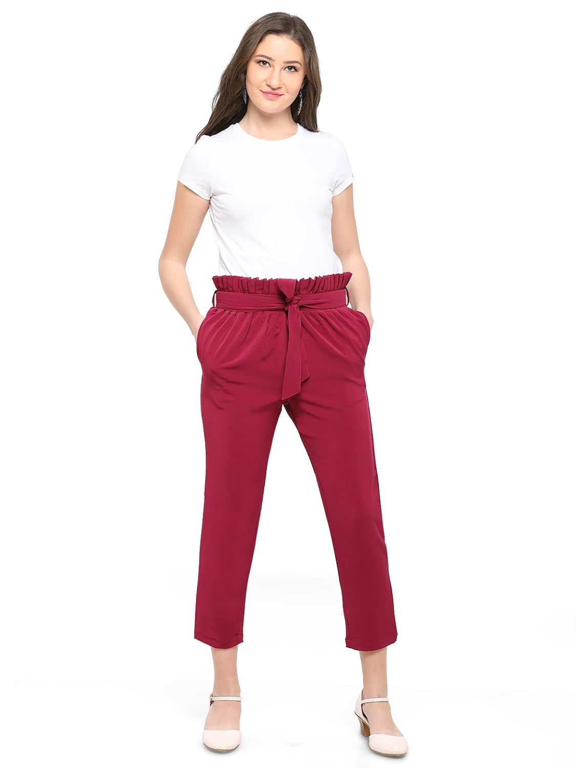 smarty pants women's poly spandex solid wine ankle length pants (smpt-93a)