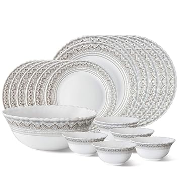 Larah by Borosil Classic Opalware Dinner Set, 19-Pieces, White