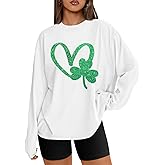 St Patrick's Day Shirts for Women: Oversized Heart Shamrock T-Shirts Long Sleeve Saint Paddy's Graphic Tee Tops